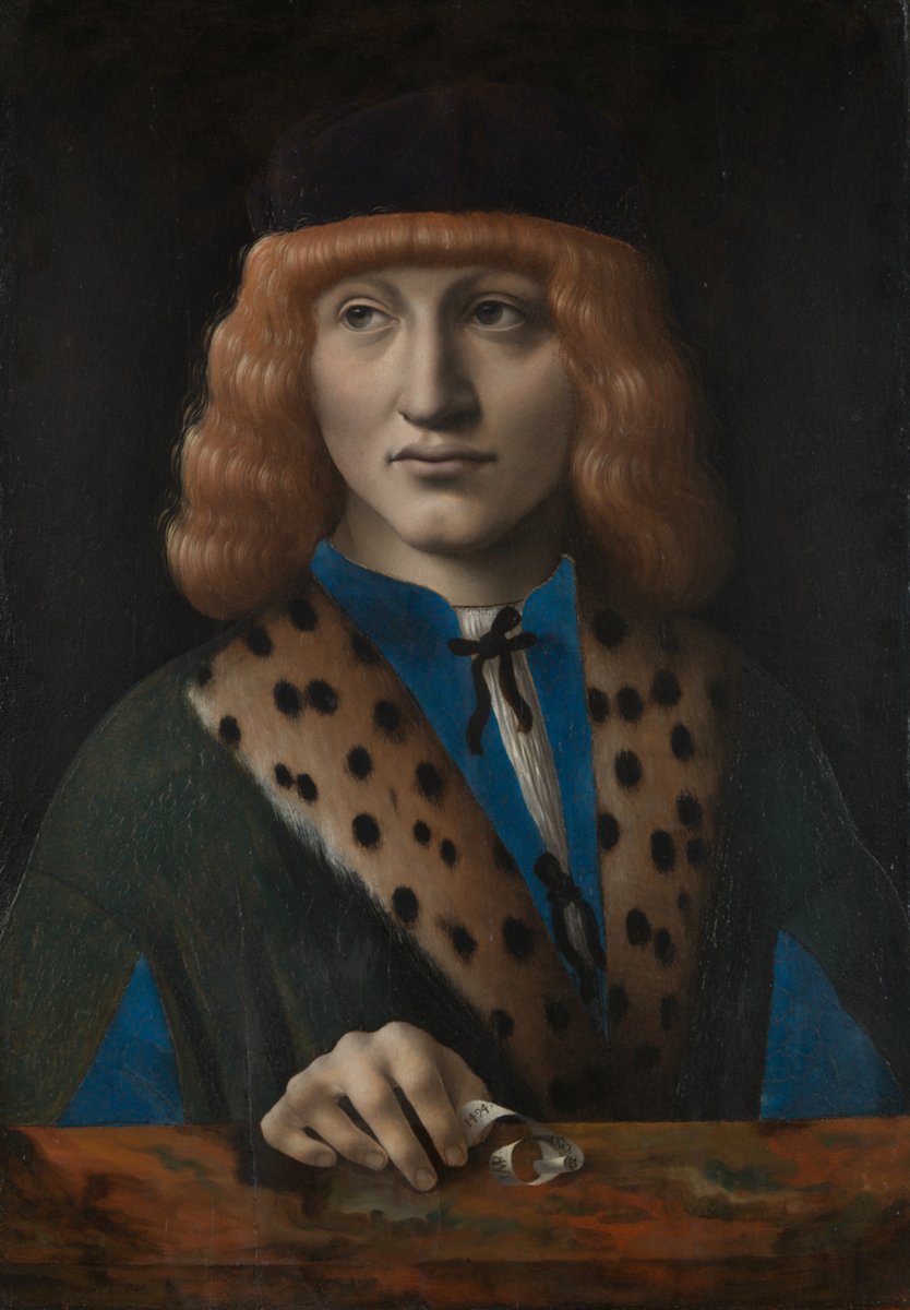 NationalGallery's tweet photo. A young man gazes past us and into the distance, his hand resting on a marble shelf. We don‘t know who he is, but he holds a scroll bearing his age (20), the date (1494) and a monogram, apparently ’AMPRF‘: https://t.co/LFUQKQqeJV https://t.co/VusIptmJer