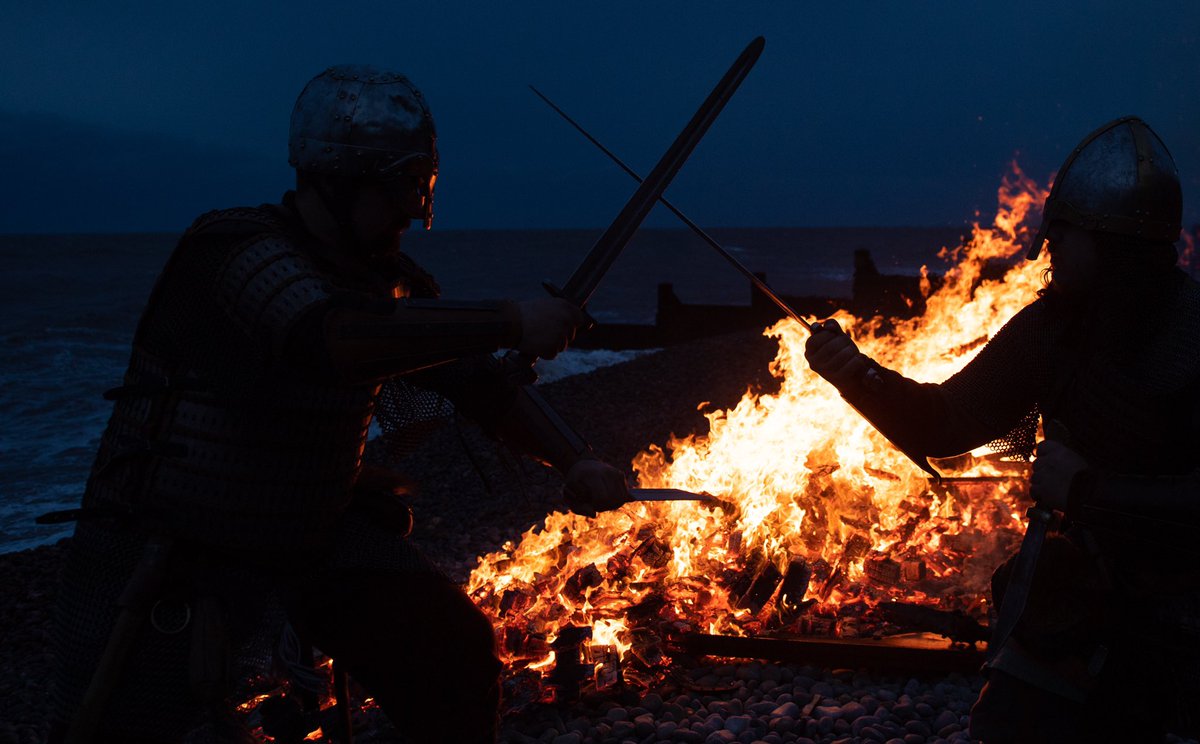 A longboat burns on the beach during the Sheringham Viking Festival