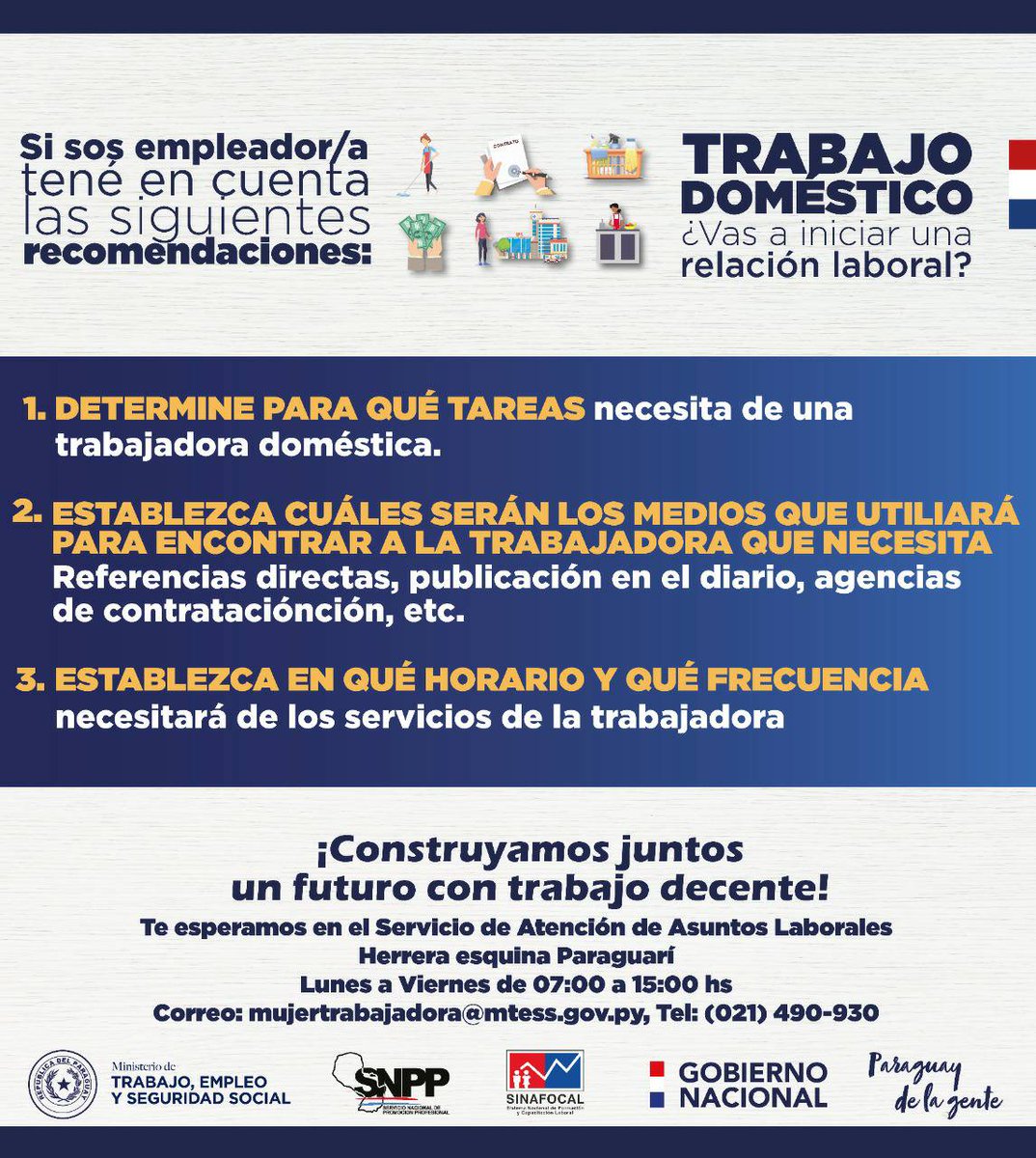 MTESS_PY's tweet photo. ¿Cómo iniciar una relación laboral en el rubro del trabajo doméstico? Aquí te mostramos los pasos
que debes tener en cuenta:
#TrabajaPy
#ÑambaapoPy https://t.co/zZzeGEIHZz