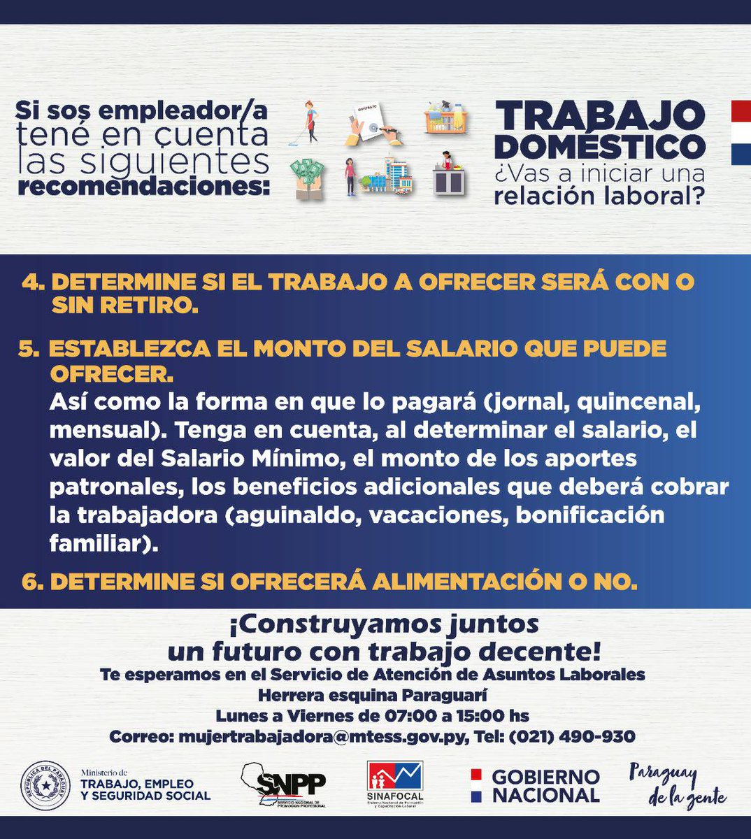 MTESS_PY's tweet photo. ¿Cómo iniciar una relación laboral en el rubro del trabajo doméstico? Aquí te mostramos los pasos
que debes tener en cuenta:
#TrabajaPy
#ÑambaapoPy https://t.co/zZzeGEIHZz