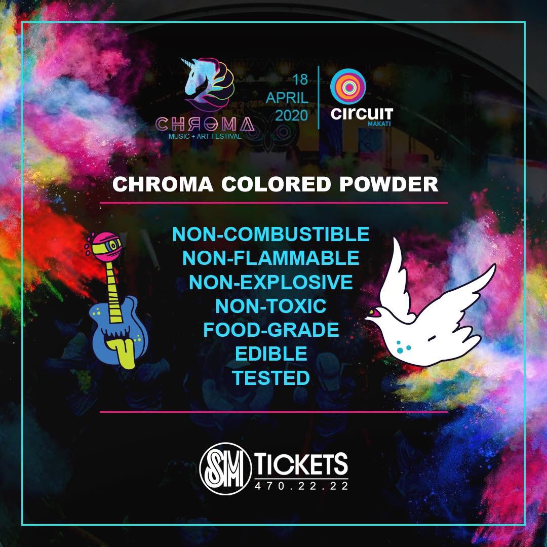 Alright! We know you're curious... 🤔
But there's nothing to worry with our #ChromaPowder it's 💯% SAFE and NON-TOXIC. 🤗 🌈

We're making your most awaited "Color Party" a hassle-free. 🤟🏻

So better grab your tickets now!

smtickets.com/events/view/88…

#Chroma2020