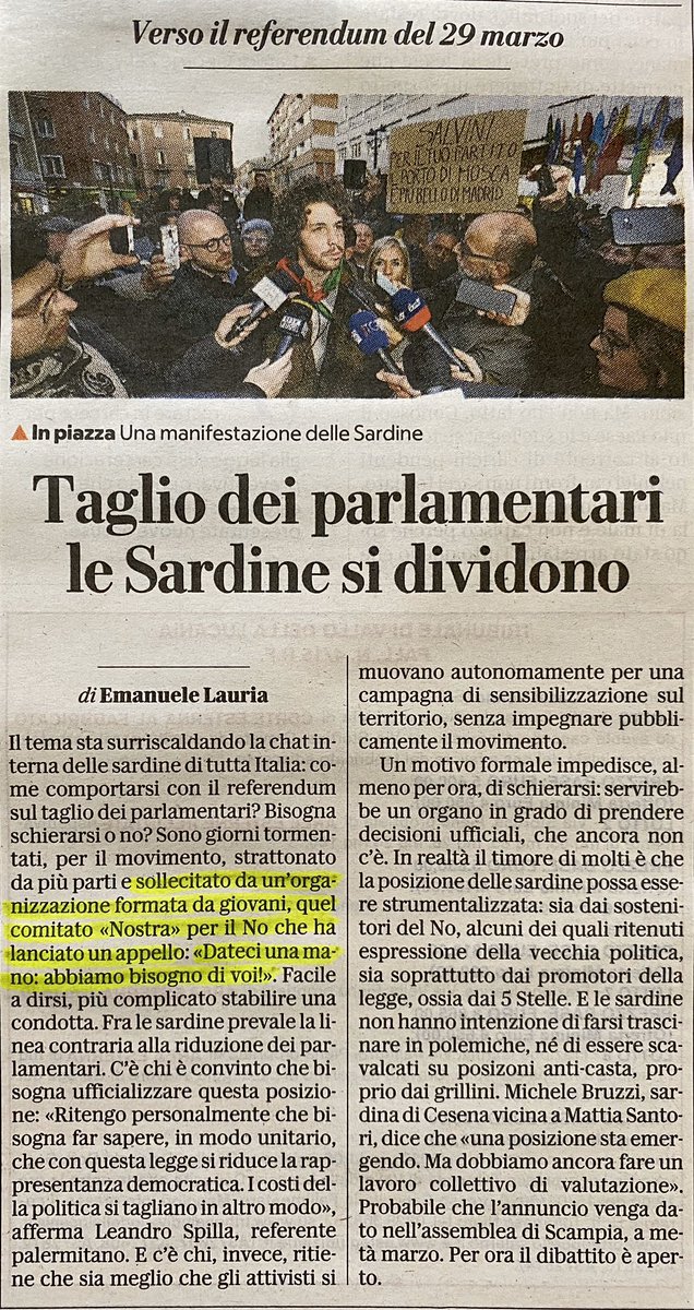 ComitatoNOstra's tweet photo. NOSTRA SPACCA LE @6000sardine 
Anche oggi novità sul fronte Sardine.
Oggi su @repubblica cartaceo.
Noi continueremo il nostro pressing, che sta dando i suoi risultati. Sempre in attesa di segnali chiari
#NOstralacostituzione
#NOstralademocrazia
#IoVotoNO 
#lademocrazianonsitaglia https://t.co/UiE4dqi1sY