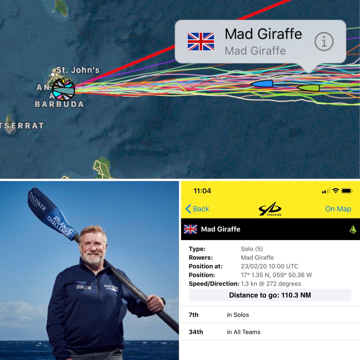 alanrankin77's tweet photo. This guy 👇 @madgirafferow 🙌
2686nm rowed, 110nm to go... solo! All to raise money for @MNDoddie5
What a man! Enjoy the cold beer and a comfortable bed when you arrive John! You’ve earned it 💪 #AtlanticCampaigns #MadGiraffe #rowtheatlantic https://t.co/vVzcHnnUlr