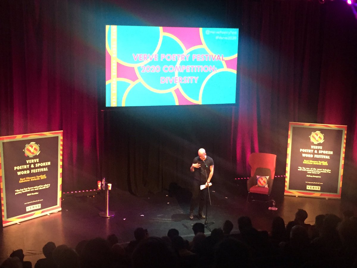 ChrisSudworth's tweet photo. Final day of the brilliant @VervePoetryFest is underway @brumhippodrome with the Verve 2020 competition event, host/judge @AndrewPoetry saying entries capture the essence of what’s happening in #PoetryNow https://t.co/wQuCA31wtj