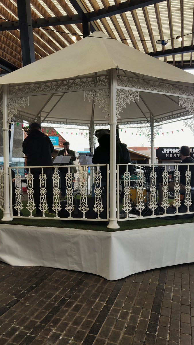 LiamBenfieldWC's tweet photo. The Flat Cap Brass are now playing outside the Market Hall under the Canopy @RhubarbFestival. Great music!! https://t.co/4TnmpdCCnQ