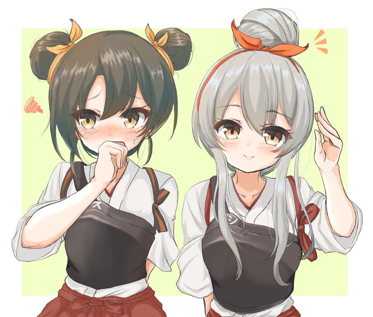 shoukaku (kancolle) ,zuikaku (kancolle) alternate hairstyle multiple girls 2girls hair bun japanese clothes muneate tasuki  illustration images