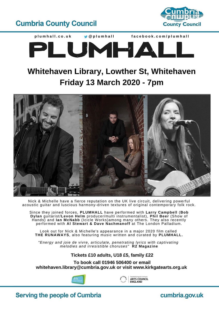 Cumblibraries's tweet photo. Gig Alert! Acoustic duo @plumhall are performing at #WhitehavenLibrary on Friday 13 March at 7pm. Check out their brilliant performances on YouTube, and buy your tickets directly from the library or online at https://t.co/AWEBUsQu0b https://t.co/6BAkue1ZVi