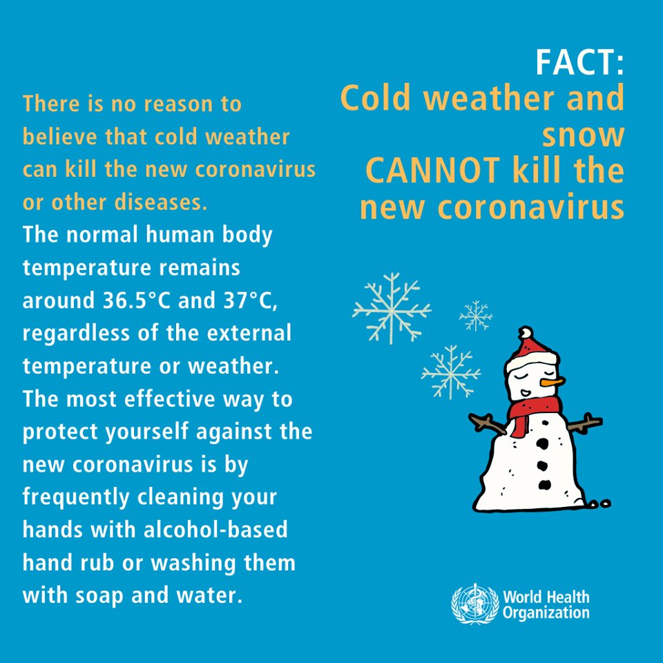 FACT:
Cold weather and snow CANNOT kill #COVID19 or other diseases. The most effective way to protect yourself against COVID-2019 is by frequently cleaning your hands with alcohol-based hand rub or washing them with soap and water.