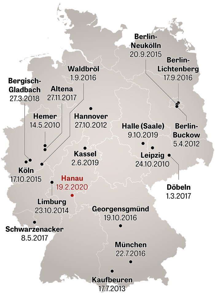 _nasir_ahmad_'s tweet photo. 10 J. #RassistischerTerror:
#Hanau ist überall.
#Halle ist überall.
#Wächtersbach ist überall.
#Kassel ist überall.
#BergischGladbach ist überall.
#Altena ist überall.
#Schwarzenacker ist überall.
#Döbeln ist überall.
#Georgensgmünd ist überall.
#BerlinLichtenberg ist überall. https://t.co/l3czknzw1M