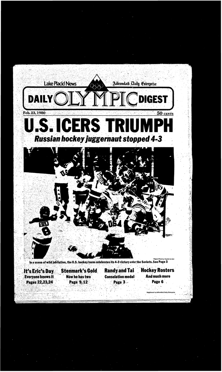 AdkEnterprise's tweet image. On this date 40 years ago, here's how we and the @LakePlacidNews covered the "Miracle on Ice." The local newspapers of record, in addition to our regular editions, jointly put out the Daily Olympic Digest during the Lake Placid Olympics. Read it here: ow.ly/5hy630qjPPa