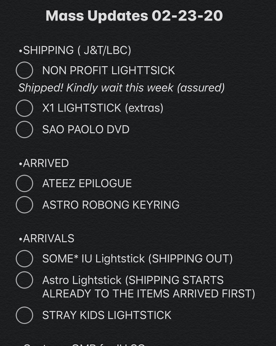 SeoulSundaePH's tweet photo. MASS UPDATES! 02-23-20 :) sorry for delays:( We’re promise to file expedite for this:) May mga items na delay sa HK like si TXT and possible si MOTS:7 and some X1 Lightsticks. 
#SSPHILS_Updates https://t.co/p5qmMuR1XR