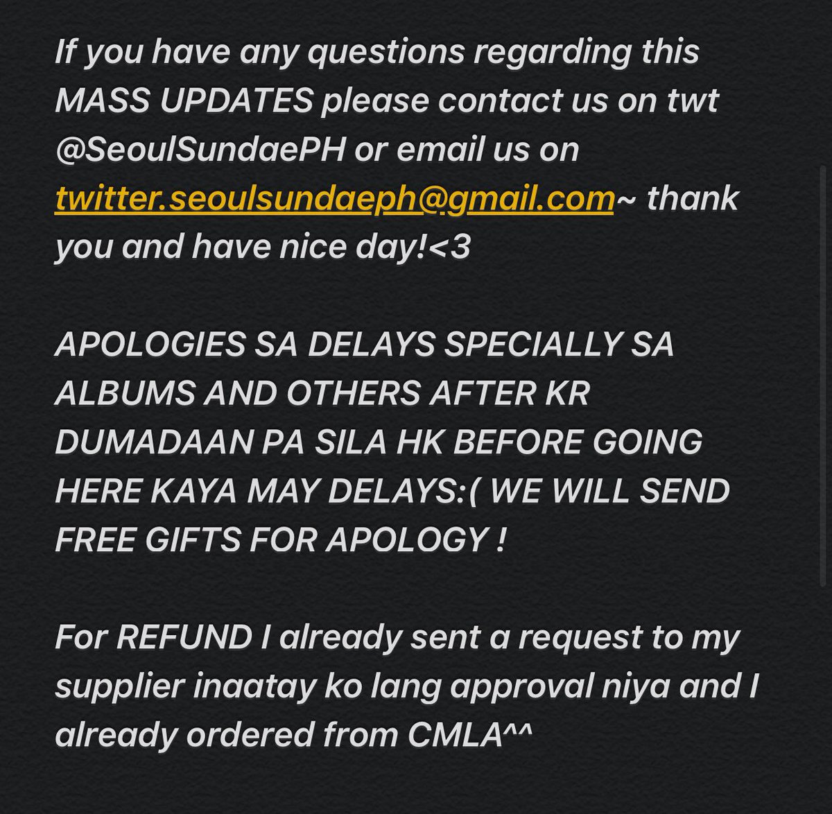 SeoulSundaePH's tweet photo. MASS UPDATES! 02-23-20 :) sorry for delays:( We’re promise to file expedite for this:) May mga items na delay sa HK like si TXT and possible si MOTS:7 and some X1 Lightsticks. 
#SSPHILS_Updates https://t.co/p5qmMuR1XR