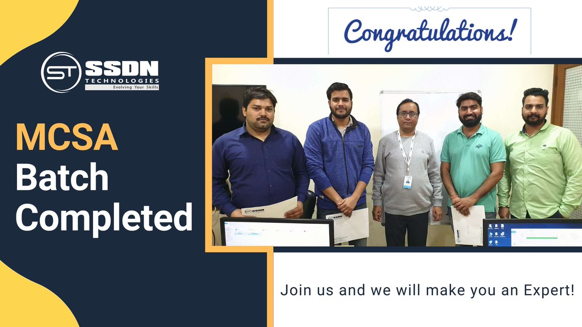 ssdntechnologie's tweet photo. Many Congratulations to our students on successful completion of MCSA Training at SSDN Technologies
We wishes you all the best for your future endeavors!! Join us for MCSA training from Experienced MCSA expert: https://t.co/Ak7US6lm9w
#MCSA #MCSACourse #SSDNTechnologies https://t.co/jBXBXrxxWG
