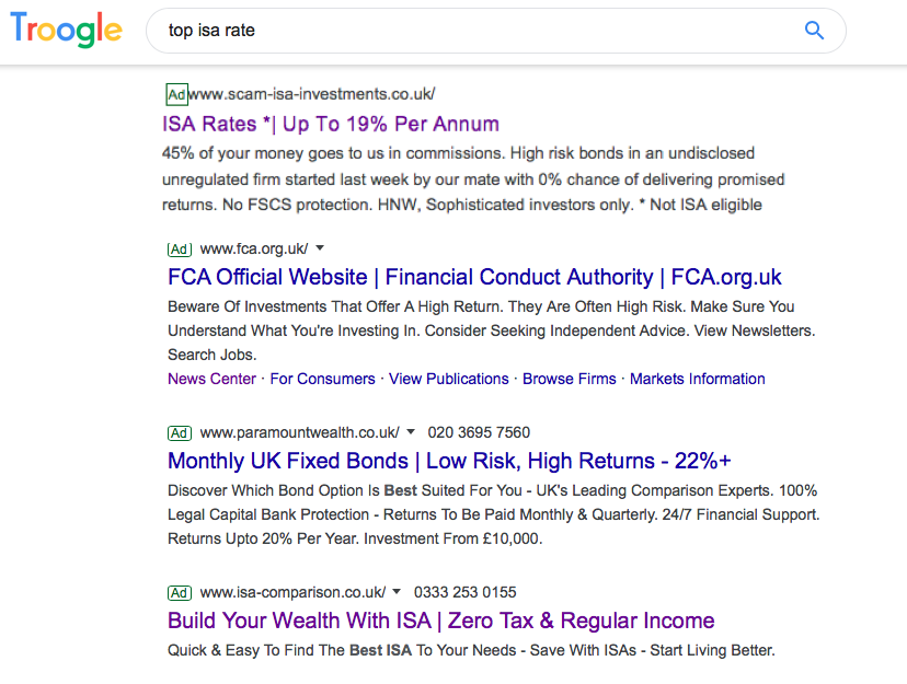 MarkTaber_FII's tweet photo. Just look at the mass of harmful false scam ads @GoogleAds is publishing targeting savers searching for 'top ISA rate' today. Meanwhile #troogle translates π to tell the truth. @paullewismoney @MartinSLewis https://t.co/jmFb7HS71E