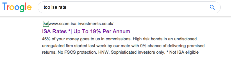MarkTaber_FII's tweet photo. Just look at the mass of harmful false scam ads @GoogleAds is publishing targeting savers searching for 'top ISA rate' today. Meanwhile #troogle translates π to tell the truth. @paullewismoney @MartinSLewis https://t.co/jmFb7HS71E