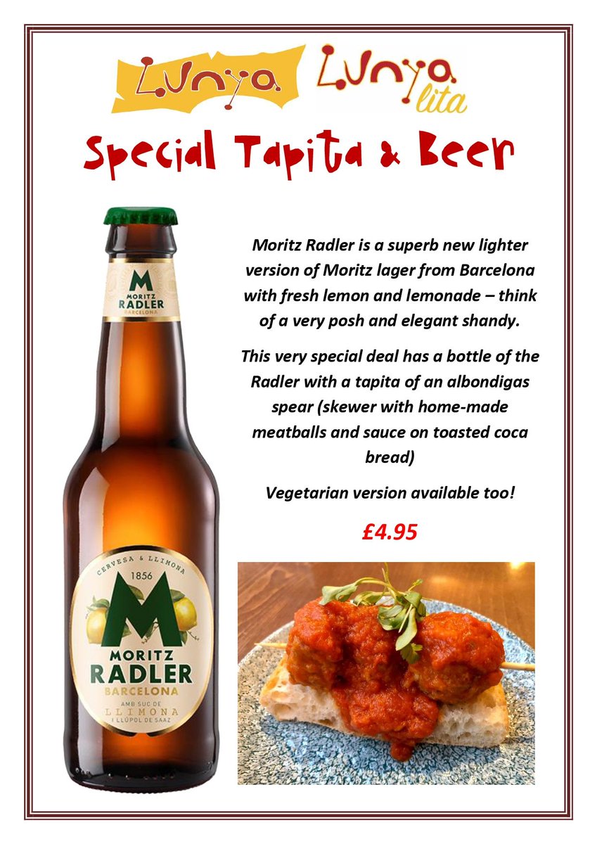lunyalita's tweet photo. #Lunch #Menu with 3 #tapas for 14.50 available today 12noon - 5pm, #2x1 #offer in #Larios #Gin and special #Moritz #Radler with #tapa all day long #Spain #Barcelona #wine #sangria #Liverpool #SundayMotivation @theAlbertDock #shopping #family #schoolholidays #childrenmenu https://t.co/L6o16k1dh1