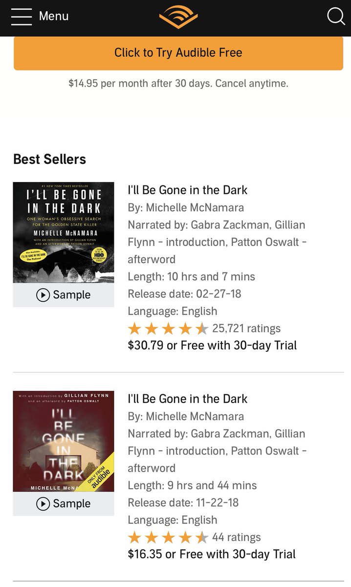 lowery's tweet photo. @audiblesupport  A lot of titles appear more than once, sometimes with very different prices. What’s the difference between these two? https://t.co/N4haDSoz4L