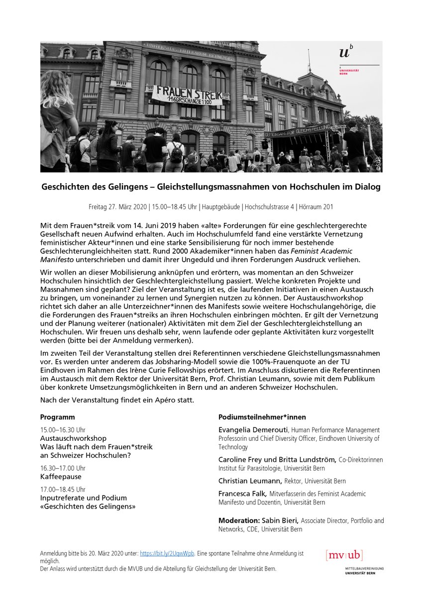 histunibern's tweet image. Austauschworkshop/Podium, Universität Bern

'Geschichten des Gelingens – Gleichstellungsmassnahmen von Hochschulen im Dialog'

Freitag 27. März 2020, 15.00–18.45 Uhr, 
Hauptgebäude, Hörraum 201

Anmelden bis 20. März unter: unibe.ch/universitaet/o…