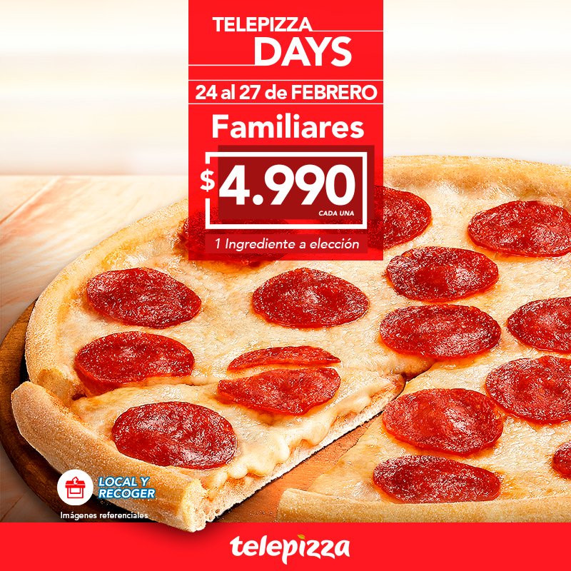 ¡Tendremos 4 días más de Telepizza Days! 😍🍕😍🍕😍🍕 

Desde mañana puedes acercarte a tu local más cercano y llevarte una pizza familiar de 1 ingrediente a $4.990.