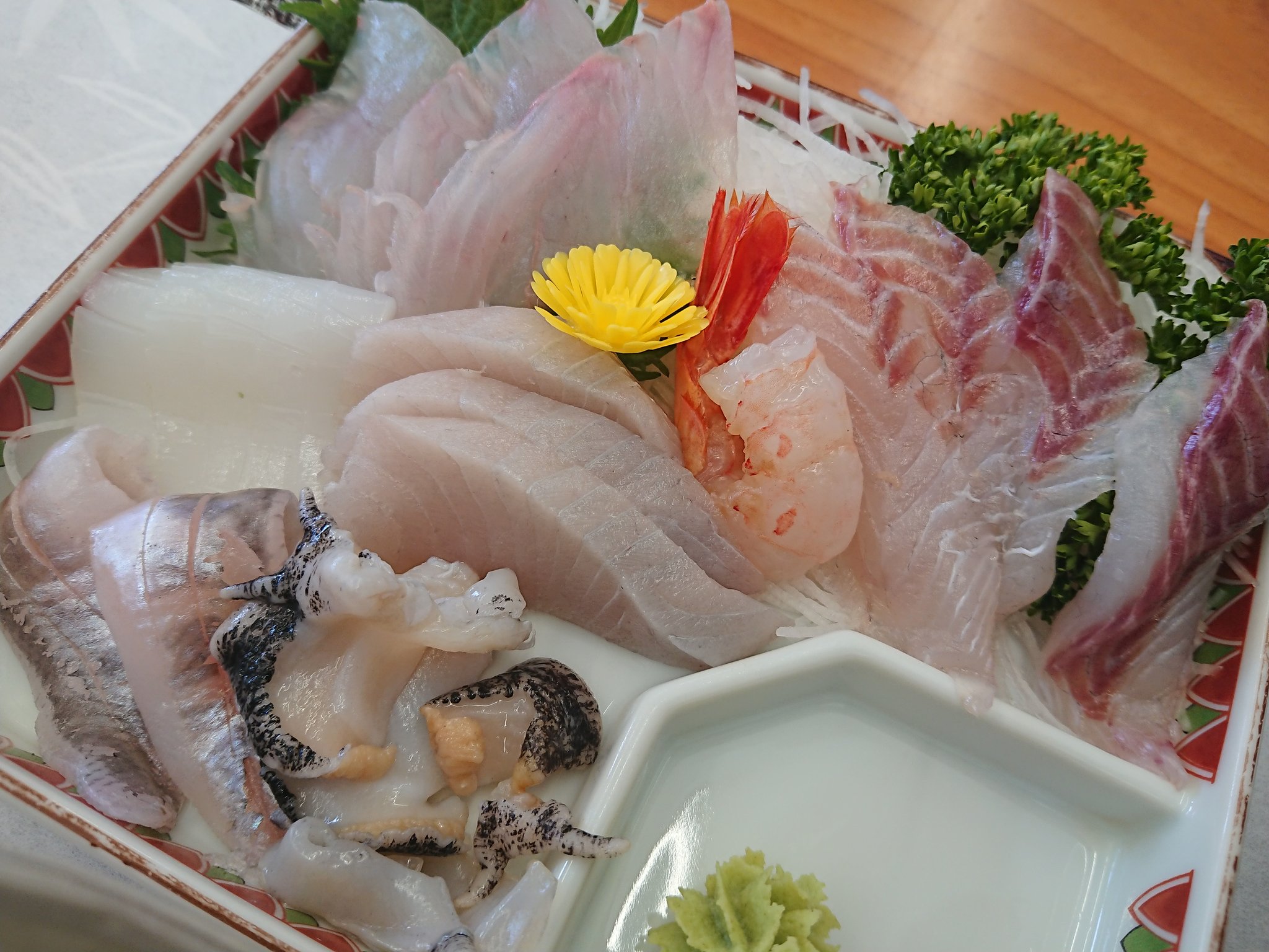 フーリューちゃん 本日の外食 魚や まるいち 北茨城市の お刺身定食と鮟鱇とも酢 お刺身は ボタンエビ カナガシラ ヤリイカ ヒラメ サワラ メヒカリ バイ貝と 完全なる地魚 美味しく頂きました 茨城県 北茨城市 まるいち 刺身定食