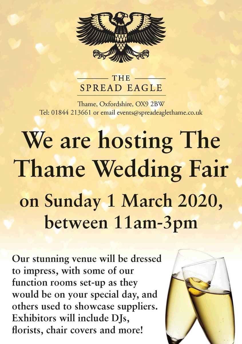 Sunday 1 March <a href="/SpreadEagleOxon/">The Spread Eagle</a> #weddingfayre <a href="/thametown/">Thame</a> #Oxfordshire <a href="/flowered_earth/">FloweredEarth</a> <a href="/Bizzie__Lizzie/">BizzieLizzieThame</a> <a href="/SpearTravels/">Spear Travels</a> <a href="/HarrietBartley/">Harriet Bartley</a> <a href="/PaulMegram/">Paul Megram</a> <a href="/TangiCarla/">Carla Tangi</a> <a href="/Toastmaster54/">Roy Austin</a> <a href="/traceycakes/">Tracey Mann</a> <a href="/TheDeliatNo5/">The Deli at No.5</a> <a href="/AMBridalGallery/">Anna McDonald</a> some fantastic #weddingsuppliers