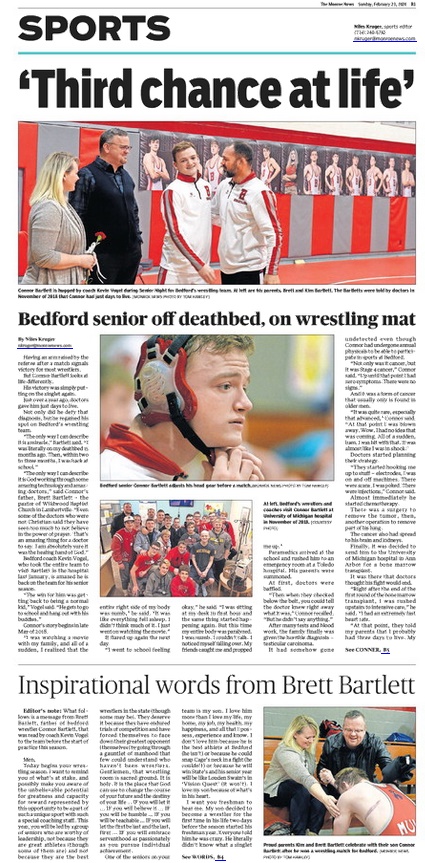 NilesKruger's tweet photo. Make sure to pick up a copy of today's Monroe News for the incredible story of how Bedford senior Connor Bartlett returned to wrestling after being told he had just days to live in November of 2018. https://t.co/96eSm4yNyq