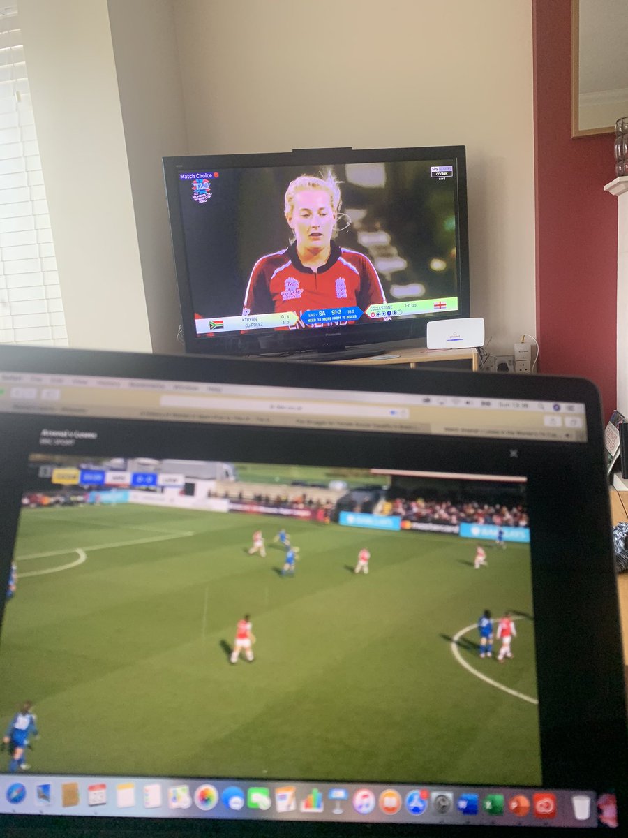 sueanstiss's tweet photo. Amazing first half from @LewesFCWomen holding @ArsenalWFC 0:0 right now. SA need 19 from 12 runs in the #T20WorldCup and @EnglandRugby women winning 22:0 at half time. Wonderful women’s sport on TV. (Don’t have enough devices to watch the netball as well though). https://t.co/IkB5Niw0U2