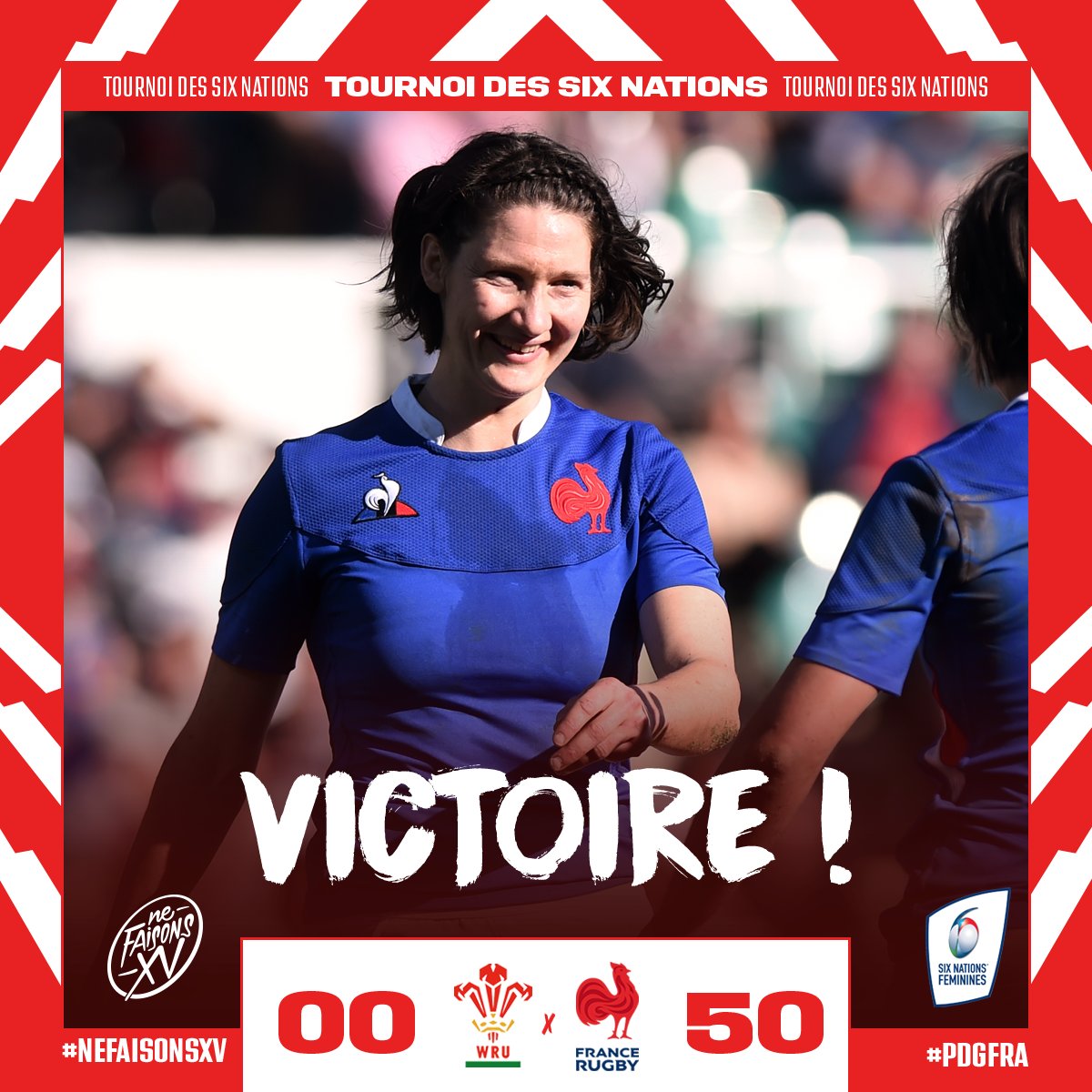 FranceRugby's tweet photo. 🏴󠁧󠁢󠁷󠁬󠁳󠁿🇫🇷 𝟴 𝙚𝙨𝙨𝙖𝙞𝙨, 𝟱𝟬 𝙥𝙤𝙞𝙣𝙩𝙨 et une très belle et large victoire ! BRAVO LES FILLES ! 😍👏 #XVdeFrance #NeFaisonsXV #PDGFRA https://t.co/DzRMtqppdp
