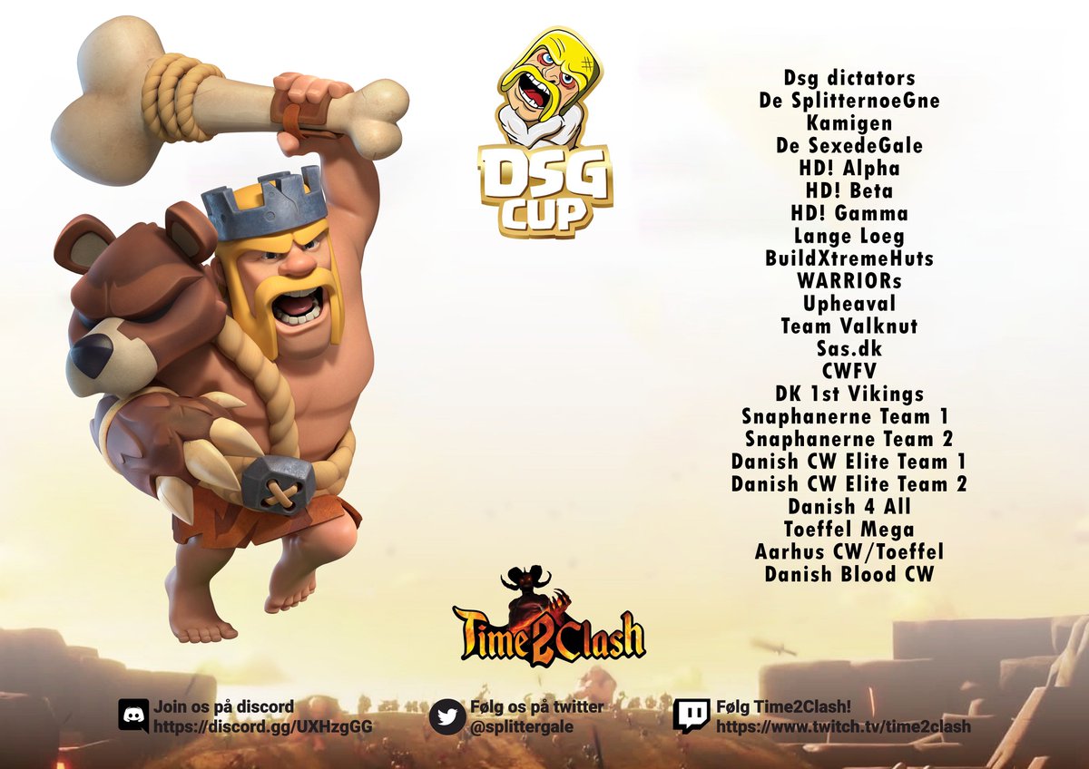 AdamCasts's tweet image. We kick off tonight with the brand new DSG Cup, Clash of Clans Denmark!  A showcase war between the pros from Team Queso and De Splittergale as we announce the full line up and bracket!

Twitch: twitch.tv/blameadam
YouTube: youtube.com/c/time2clash/l…