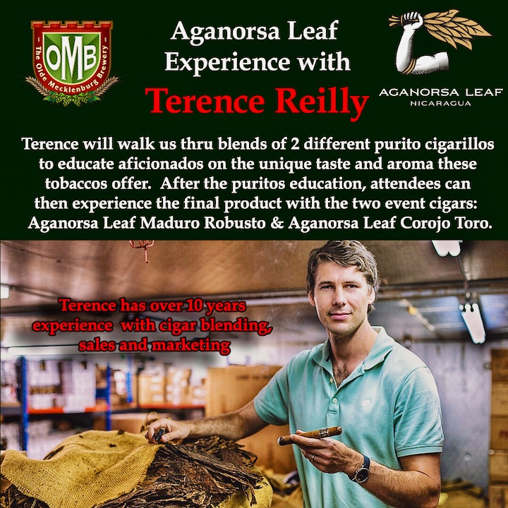 TinderBox_CLT's tweet photo. On 3/19, a unique opportunity to educate your cigar palate with a tasting conducted by @TerenceReilly of @AganorsaLeaf Cigars @oldemeckbrew. Cost is $15 and includes 2 great cigars, the Aganorsa Leaf Experience Cigarillos and an OMB beverage of your choice.  No RSVPs necessary https://t.co/UktGmeWGnt