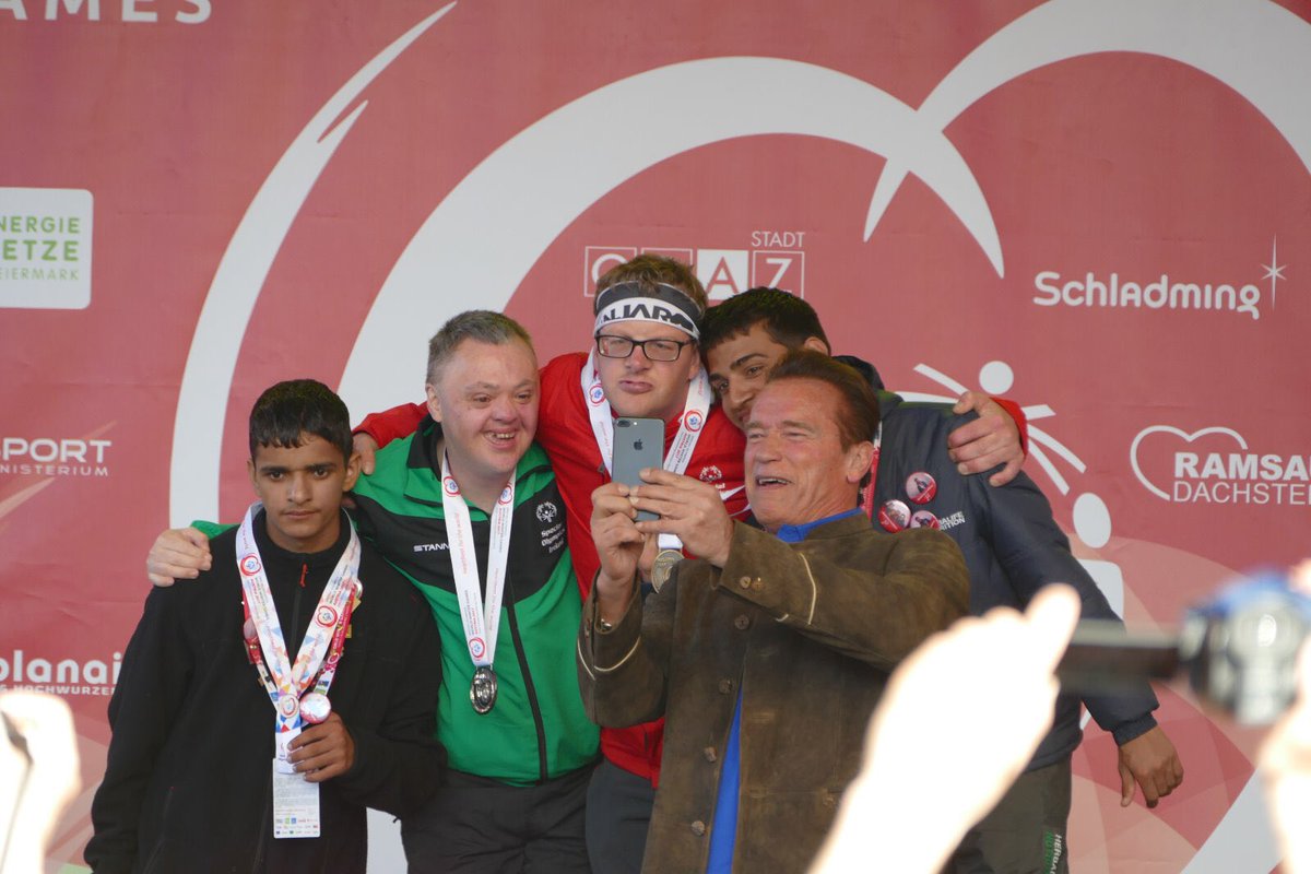 AbilitySkiNI's tweet photo. In the run up to the @SOIreland winter games being held in @SO_Ulster for the first time we will be posting some photos from our special club and other SO games   Here is Cyril with The Terminator at the last World games https://t.co/jIkx4vpRO0