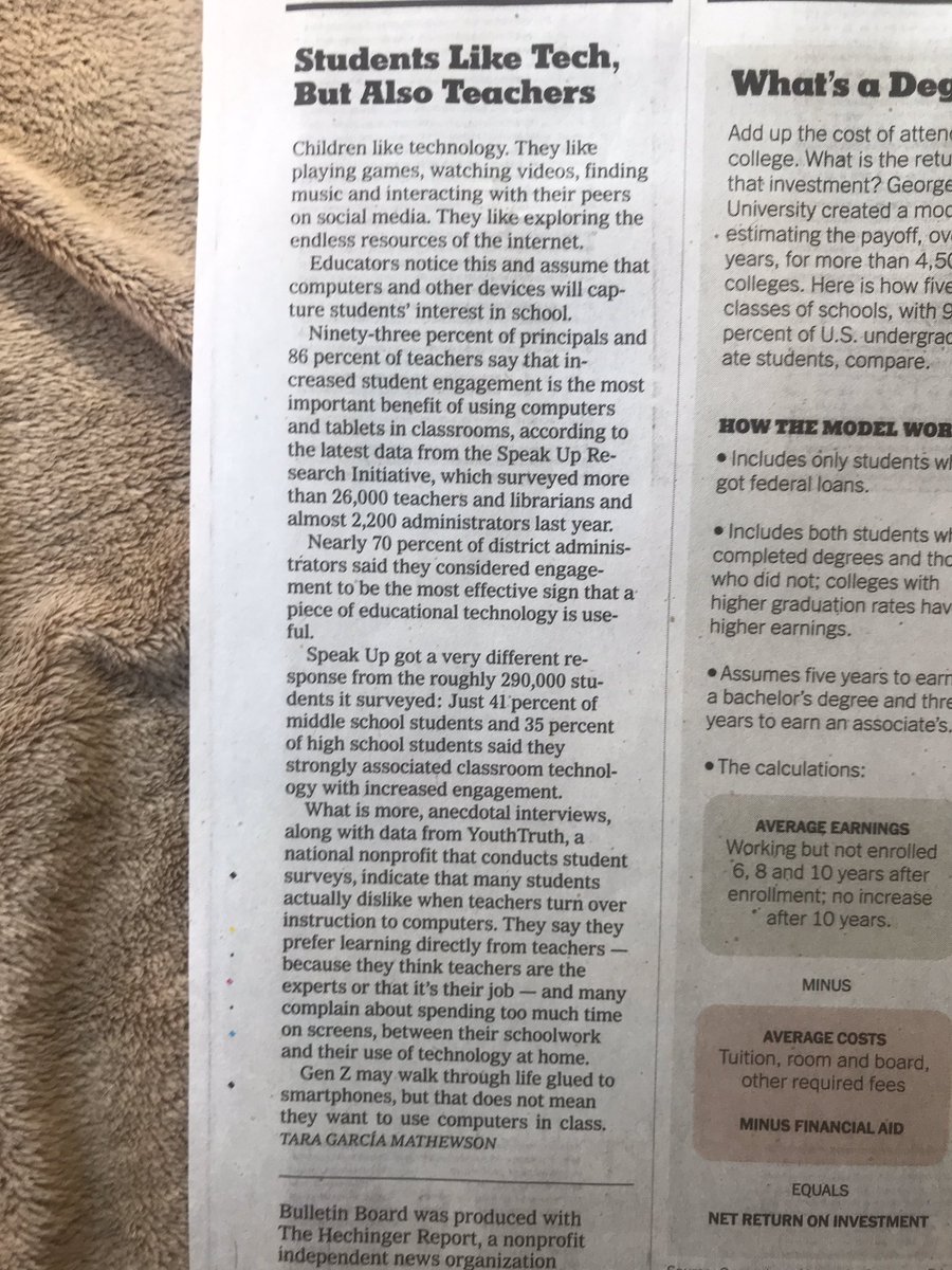 Appropriate for this New York Times article - I can’t find it online. But some great stats about students NOT actually equating sitting in front of a device as engagement (and admin thinking the opposite).