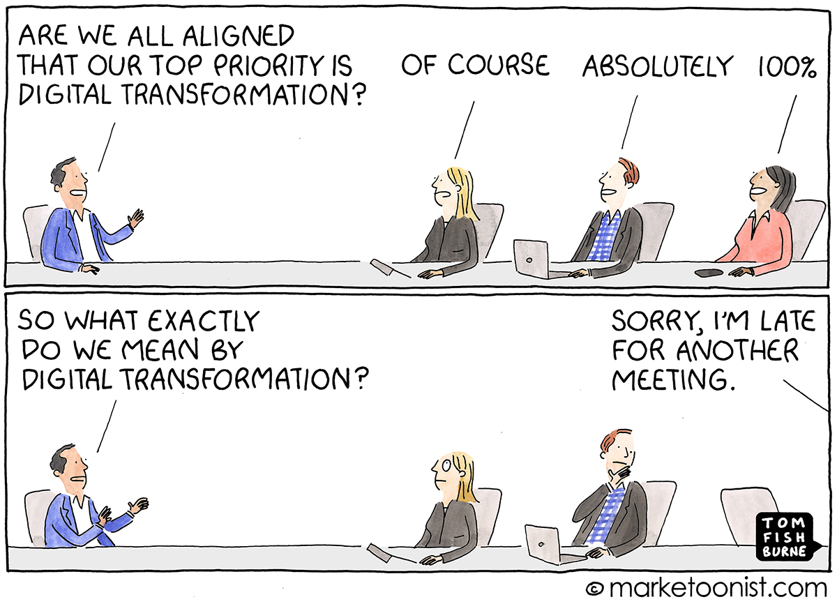 Digital transformation. You know, um, transmitting forms digitally. marketoonist.com/2020/02/digita… by <a href="/tomfishburne/">Tom Fishburne</a> <a href="/marketoonist/">Tom Fishburne</a> #MarTech