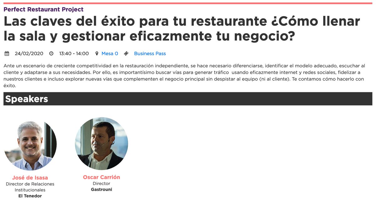 gastrouni's tweet photo. 📅 Lunes, 24/2: de 13.40 a 14.00 horas
📍 #PerfectRestaurantProject de @expohip #HIP2020:
📢 "Las claves del éxito para tu restaurante: ¿Cómo llenar la sala y gestionar eficazmente tu negocio" con José de Isasa de @eltenedor y presentado por @oscarrion
#formacion #HORECA https://t.co/4GZB5xMJ2E