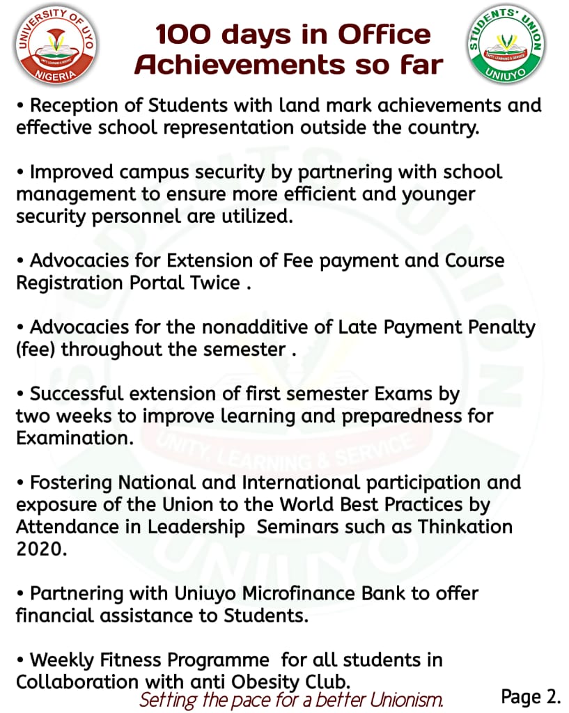 UniuyoSug's tweet photo. 2019/2020 Students' Union Executive Members of the University of Uyo marks their 100 days in office.

See pictures below for the achievements so far. 

_Lucky Wonte
DOI SUG https://t.co/FEgwfYyss9