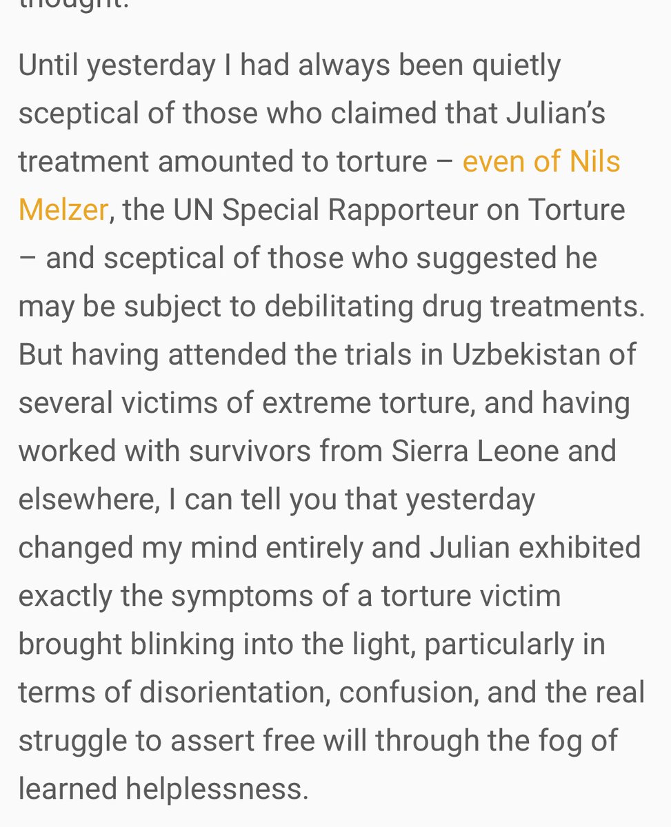 Another excellent article worth reading (particularly by those preparing to attend  #JulianAssange ‘s extradition trial tomorrow or to join one of the protests globally), is  @CraigMurrayOrg ‘s poignant account of the harrowing October hearing.  https://www.craigmurray.org.uk/archives/2019/10/assange-in-court/6/