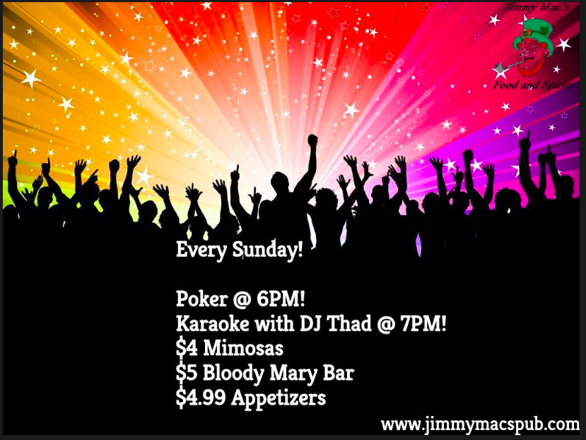 JimmyMacspub1's tweet photo. Every Sunday! 

Poker @ 6PM!
Karaoke with DJ Thad @ 7PM!
$4 Mimosas
$5 Bloody Mary Bar
$4.99 Appetizers

Find out more at: https://t.co/NeH3tWceoa https://t.co/vwrsq8B8mb