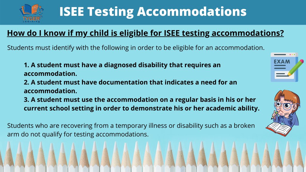 TygerLearning's tweet image. Is your child eligible for #ISEE testing accommodations? Make sure your child is eligible and learn how to register.
#ISEEtestprep #ISEEtest #testprep #tutor

Article at: tygerlearning.com/isee-testing-a…