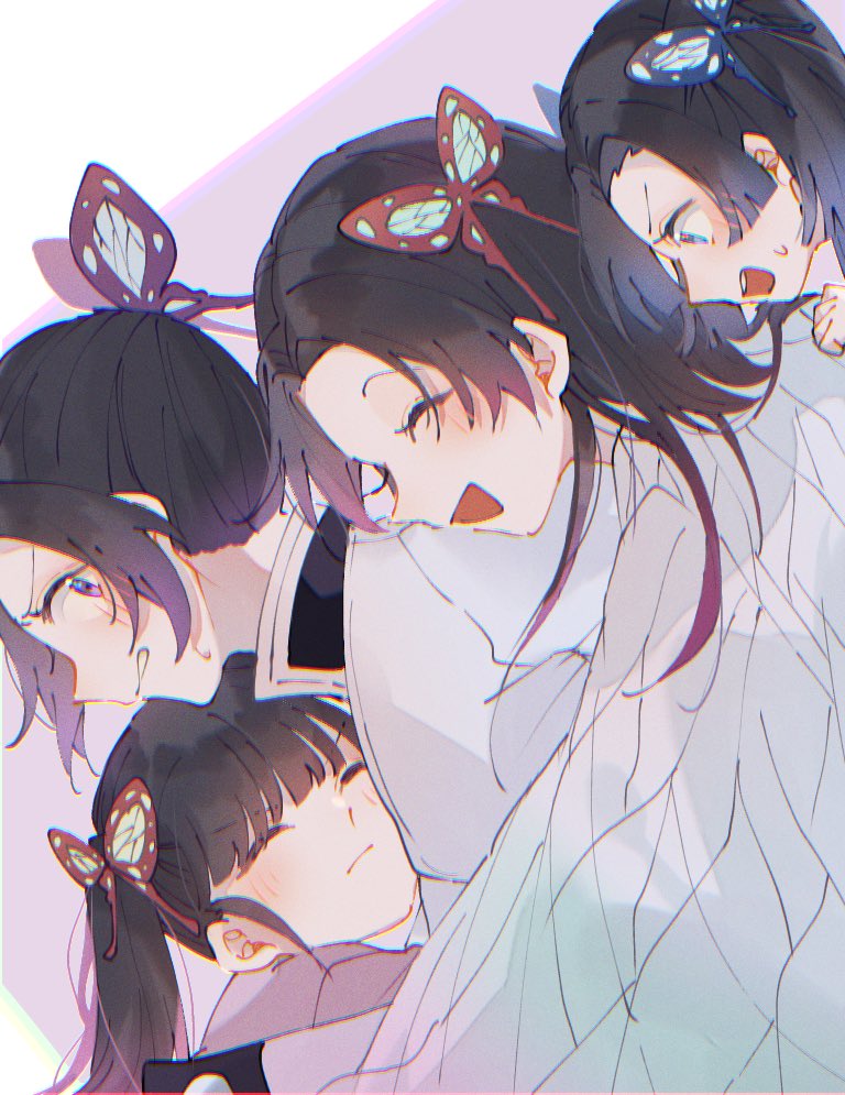 kochou shinobu ,tsuyuri kanao butterfly hair ornament multiple girls hair ornament closed eyes side ponytail black hair hug  illustration images