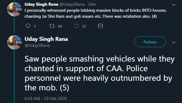 Sanghis "lobbing massive blocks of bricks INTO houses, chanting Jai Shri Ram and goli maaro"