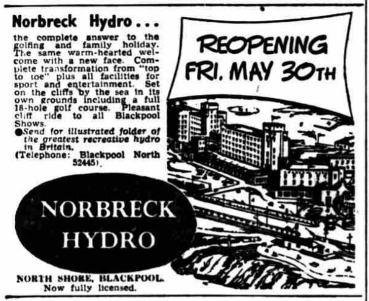 FANFARE! In May 1952 after 13 yrs of closure, the   #Norbreck   #Hydro   #Hotel reopened to holidaymakers following extensive "top to toe" renovations. "The complete answer to the family holiday...the same warm-hearted welcome with a new face"   #Blackpool   #SeasideHotelOfTheWeek