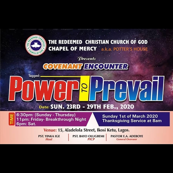 chapelofmercy's tweet photo. Join us this evening by 6:30pm
as we start our #CovenantEncounter Series tagged- Power To Prevail.
It's a 7 day power packed program.
Don't miss it.
#PowerToPrevail
#RCCGChapelOfMercy https://t.co/C8qusXnVFF