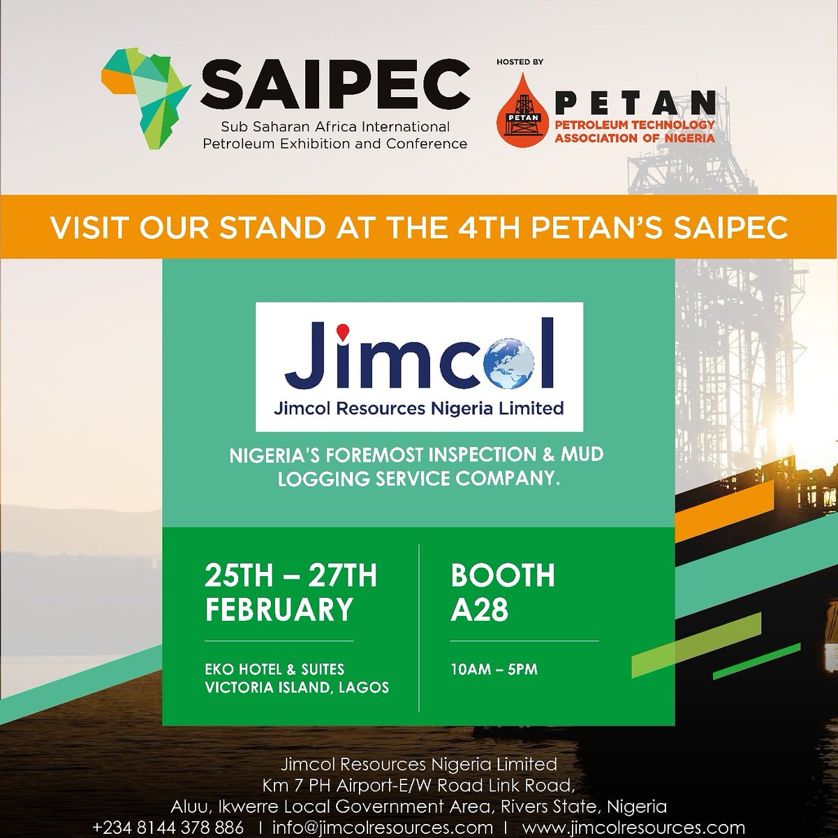 JimcolResources's tweet photo. Visit our Booth at 2020 SAIPEC!
Let's discuss latest technologies in NDT and Mudlogging services, our team of experts will be on ground to provide you with top notch 100% solutions and optimum value to your business.
@osltweets @alcon @ExxonMobil_NG @Chevron @Shell_Nigeria https://t.co/FIJqs87KBT