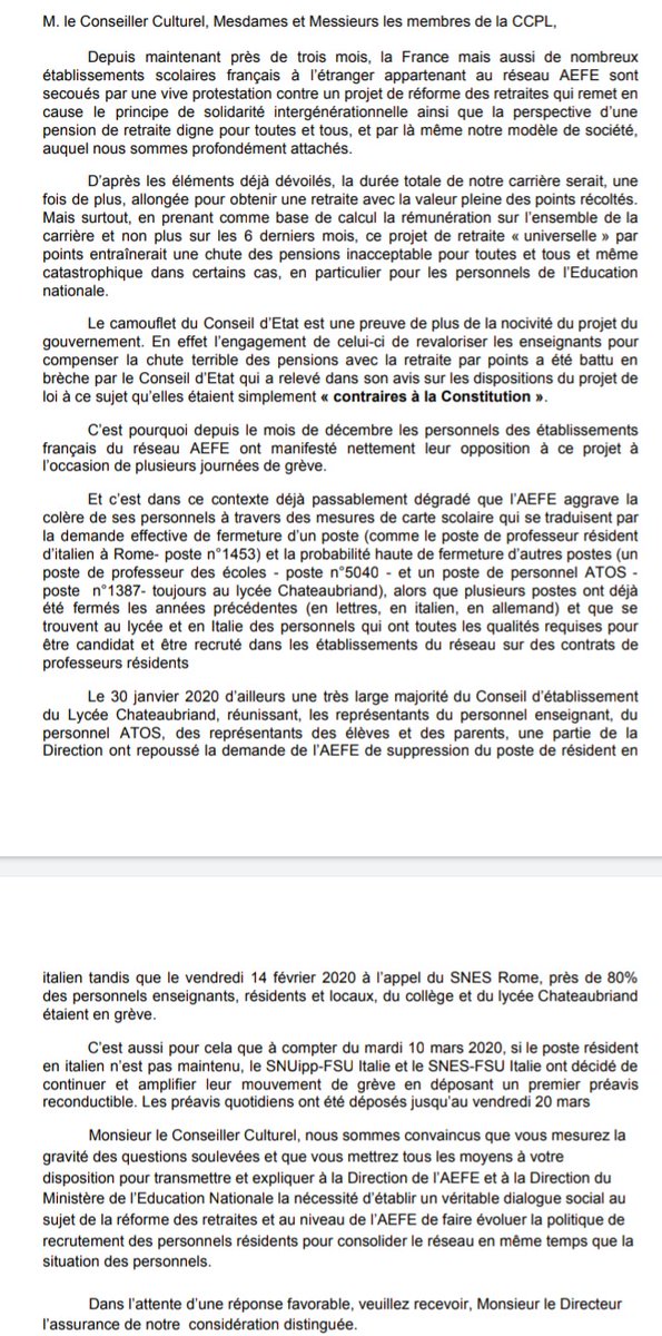 sneshdf's tweet photo. 🇮🇹 Déclaration des commissaires paritaires SNES-FSU de la CCPL Italie @aefeinfo.
- #Retraites
- Suppression de #postes #AEFE rentrée 2020, budget #LREM ✂️33M€ 2017 la suite... #AEFEendanger
- #Grève reconductible a partir du 10 mars. https://t.co/KfOtcARyZ2