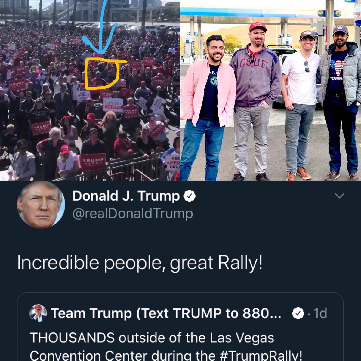 CSUFREPUBLICANS's tweet photo. On Friday, a few of our members took a quick road trip to support #TeamTrump at his rally in Las Vegas! MASSIVE turnout and we still managed to appear in a @realDonaldTrump tweet 😉

#MAGA #KAG #republican #conservative #csuf #fullerton #calstatefullerton #trump #trumprally https://t.co/OI3p4NX1K3