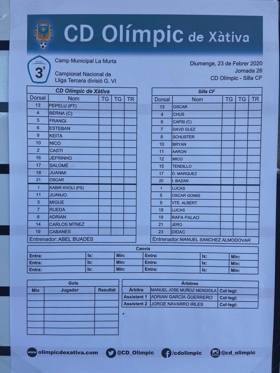 📋 XI TITULAR DEL SILLA C.F. 

13. OSCAR 
4. CHUS
6. CAPSI (c)
7. DAVID
8. SCHUSTER 
10. BRIAN 
11. AARON
12. C. MICÓ
15. TENDILLO 
17. MÁRQUEZ 
20. IVÁN BAZÁN 

SUPLENTS ⚪️ 

1. LUCAS (ps)
5. GOMIS
9. VICENT ALBERT
18. LUCAS CARBONELL
19. PALAO 
21. JERO
23. DÍDAC 

#mesquemai