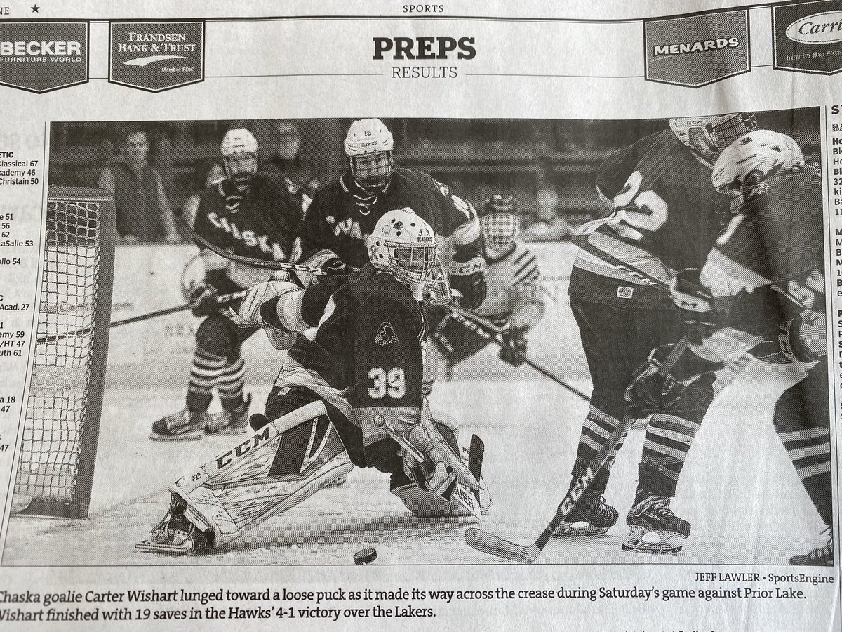 ChaskaHawks's tweet photo. Great shot in today’s @StarTribune (Jeff Lawler) of Hawks goalie Carter Wishart, finished with 19 saves against top-ranked Prior Lake. https://t.co/1cSUeNubKI