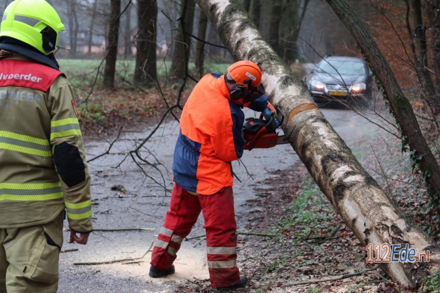 Scheefstaande boom omgezaagd door brandweer #Lunteren. 112Ede.