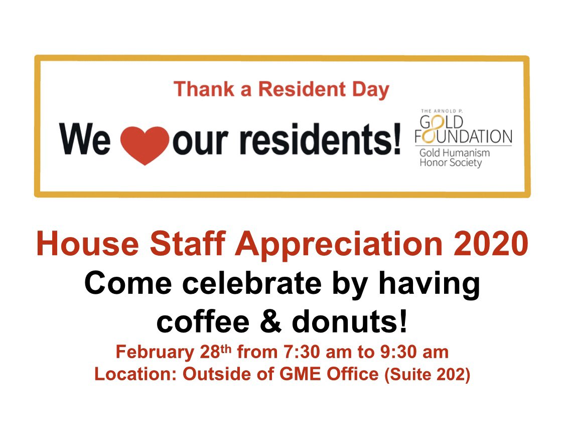 CUSOMHouseStaff's tweet photo. Residents, mark your calendars for Friday!  @GoldFdtn #Thankaresidentday https://t.co/xO5mniypXo