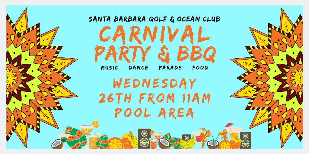 Vadym Vsetecka (@vadymsbgoc) on Twitter photo Carnival 🙌🥳🕺 is coming to #SantaBarbaraGolfAndOceanClub Wednesday 26th, Get ready for carnival troupes, delicious BBQ 🍗🥦 A lot of music and dance 🕺 #DiamondResorts #Carnival2020 <a href="/VictorGilRM/">Víctor Gil</a> <a href="/KittiActtiv/">Kitti Szabo</a> @ElenaDortaSBGOC Carnival 🙌🥳🕺 is coming to #SantaBarbaraGolfAndOceanClub Wednesday 26th, Get ready for carnival troupes, delicious BBQ 🍗🥦 A lot of music and dance 🕺 #DiamondResorts #Carnival2020 <a href="/VictorGilRM/">Víctor Gil</a> <a href="/KittiActtiv/">Kitti Szabo</a> @ElenaDortaSBGOC